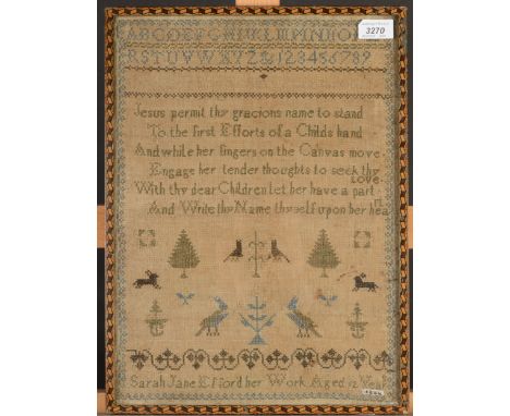 A needlework sampler by Sarah Jane Efford aged 12 years, dated 1844, with alphabet and verse in a marquetry frame, 44.5 x 33c