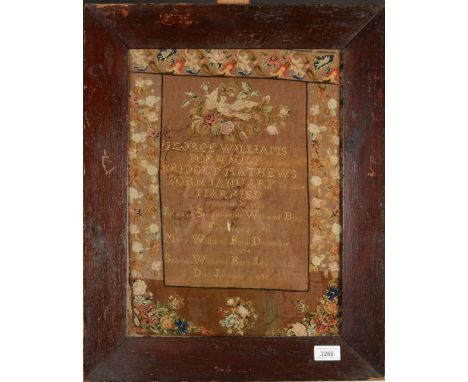 A needlework sampler depicting details of the Williams family from 1806 to 1889 and decorated with a bird amongst foliage, th