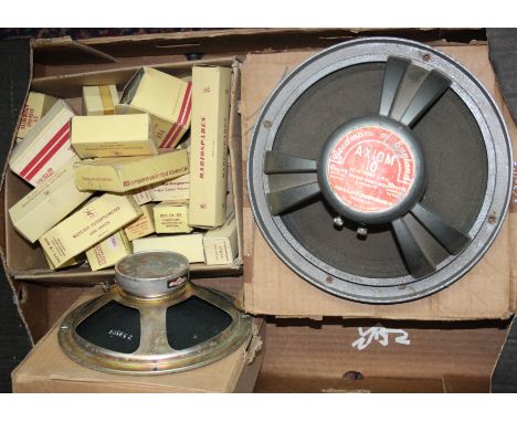 A quantity of boxed potentiometers and other spare, including an Axiom 10 speaker and an Elac speaker.