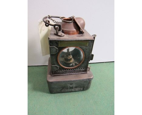 An LNER signal box lamp interior stamped NORWICH THORPE with reservoir and brass burner