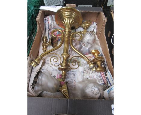 A box containing a centre brass light fitting, door handles, corner lights and wall lights, reportedly from English Royal Coa