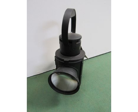 A black painted LMS wartime pattern handlamp, three aspects and bull's eye lens, reservoir and ceramic burner