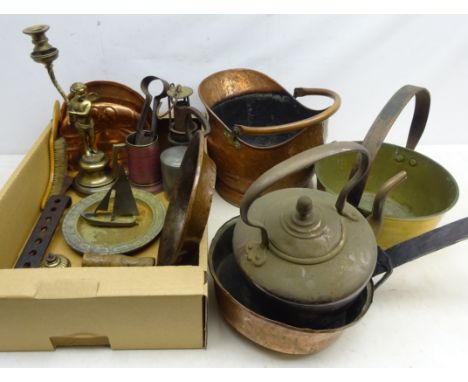 Copper kettle and coal scuttle, brass candlestick in the form of a winged cherub, nautical sun dial, 19th century herb choppe