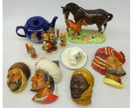 Four Bossons figural wall plaques, Beswick horse and foal group, pair Goebel figural candlesticks and figure 'Surprise', Crow