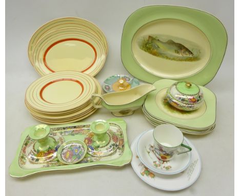 Shelley 'Fairy Town' tea plate and saucer with matched mug, Clarice Cliff part dinner ware, Maling lustre Peony Rose dressing