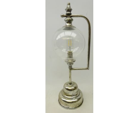 Burner style silvered table lamp, battery operated , H56cm, W21cm Condition Report Click here for further images, condition, 