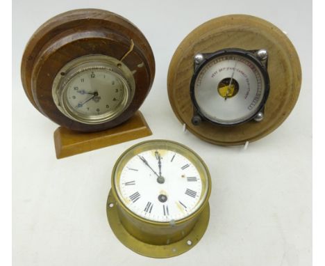 Brass Bulkhead timepiece with enamel dial stamped F&S, D13cm, Smiths circular clock and Barometer (3)  Condition Report Click