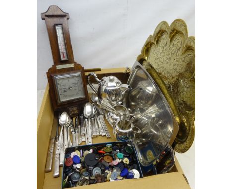 Community plate 'Hampton Court' pattern cutlery, six settings, Old Hall tea tray, tin containing a quantity of buttons, three