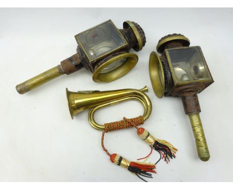 Argyll & Sutherland Highlanders brass bugle and pair of brass coach lamps, H42cm  Condition Report Click here for further ima