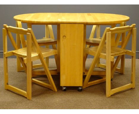 Beech drop leaf table with gate action supports with four chairs which store under the table, 130cm x 85cm, H76cm  Condition 