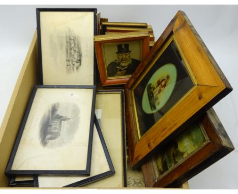 Six Vanity Fair prints in leather frames, framed lithographs, Victorian reverse painting on glass in rosewood frame and other