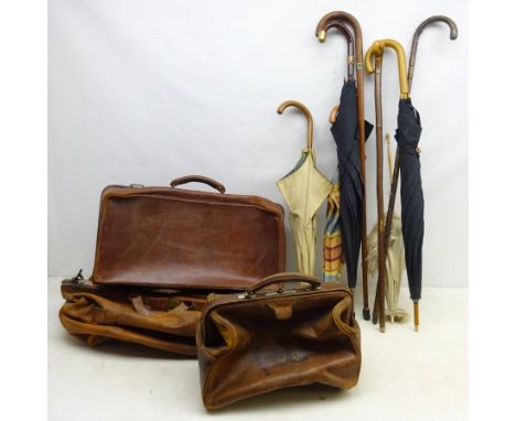 Victorian partridge wood walking stick with embossed silver mount, silk parasol and other 19th century and later umbrellas an