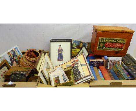 Vintage Osmond & Son Ltd medicine chest, fashion prints, vintage jigsaw, dolls house furniture, bindings including The Lancas