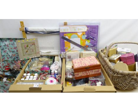 Quantity of haberdashery including trimmings, needlework kits, cottons, Pinking Sears, cutting toolkit, acrylic all purpose p