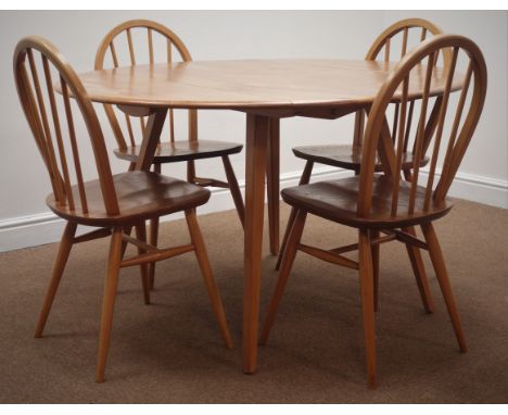 Ercol elm oval drop leaf dining table (113cm x 126cm, H71cm), and set four ercol stick an hoop back dining chairs Condition R