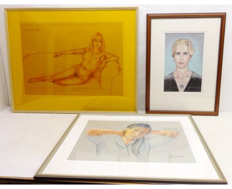 Portraits of a Lady and Reclining Nude, three 20th century pastel drawings by E. O. Barnett one unsigned 74cm x 50cm and Figu