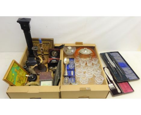 1920's cut glass scent bottle with silver lid, fish servers, oak barley twist candlesticks, pen knives, pair 19th century too