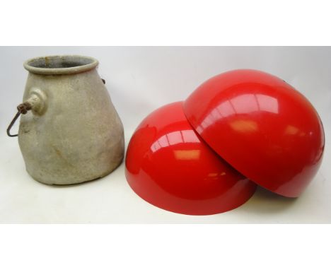 Pair 20th century dome shaped light shades with red enamel exterior, D45cm and a vintage milk churn with swing handle (3) Con