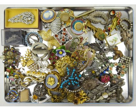 Collection of brooches, pins, costume jewellery and miscellanea including; fine metal work flower brooch, St Christopher pend