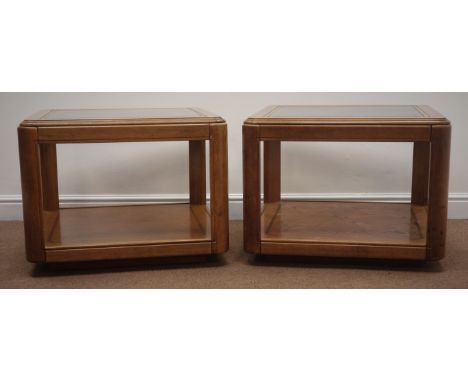 Pair square lamp tables with inset glass tops and undertiers, 70cm x 70cm, H53cm Condition Report Click here for further imag