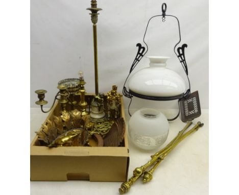 Pair Salter flat iron trivets, brass fir irons, brass and alabaster table lamp supported by a seated cherub, Victorian brass 