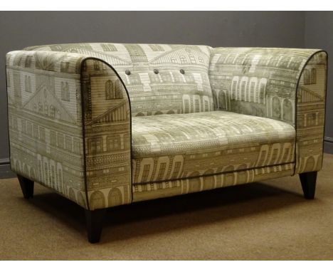 DFS snuggle chair, upholstered fabric with architectural pattern, W136cm,  Condition Report Click here for further images, co