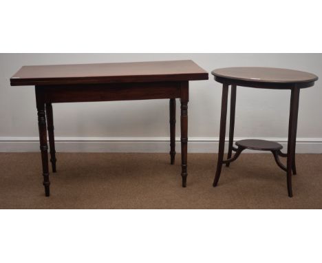 19th century mahogany card table, rectangular fold over swivel top, turned supports (115cm x 50cm, H76cm), and an Edwardian o