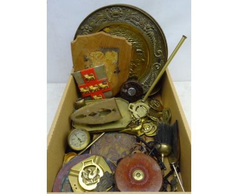 York Coat of Arm shield plaque, brass trivet, horse brasses, Victorian Cyrus Price embossed plaque for Safe, old keys, barome