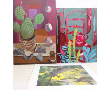Still Life's, three mixed media's on board by Dorothy Thelwall unsigned, 'Newt' and 'Dehiscence II', two limited edition glic