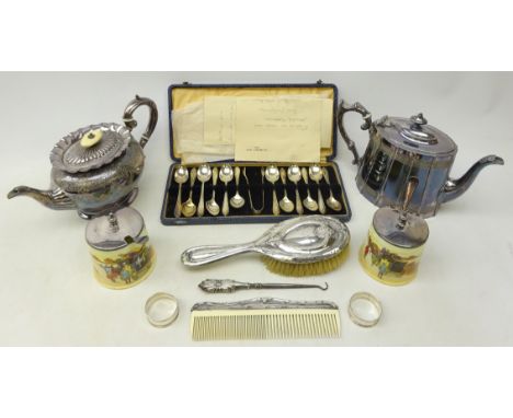 Two Victorian Britannia metal teapots, silver dressing hairbrush and comb, two silver napkin rings, button hook, pair Doulton