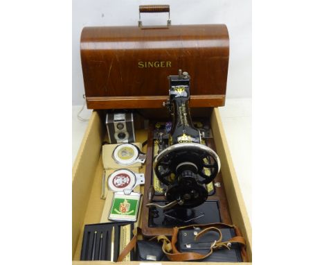 Singer sewing machine with case, cased writing set, two Pickering Traction Engine Rally car badges for 1969 & 71 and a Castle