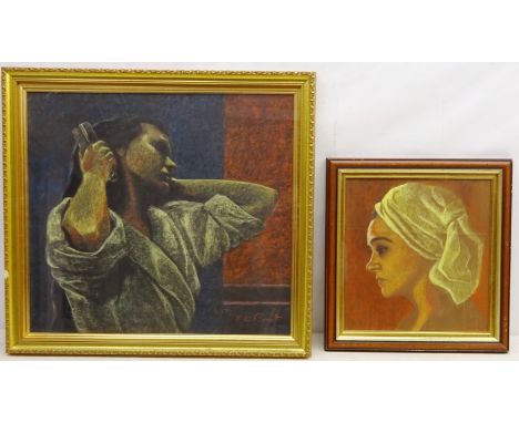 Lady Brushing her Hair and Portrait of a Lady, two 20th century pastel drawings signed by E. O. Barnett 48cm x 53cm and 31cm 