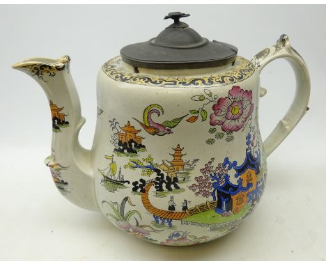 Large 19th century Ironstone shop display teapot, pewter lid with bird finial, Chinoiserie decoration and lustre highlights, 