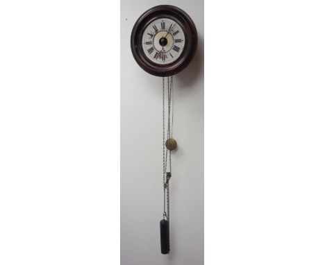 Early 20th century wall hanging postman's alarm clock, circular stained beech cased, single weight driven movement, D28cm Con
