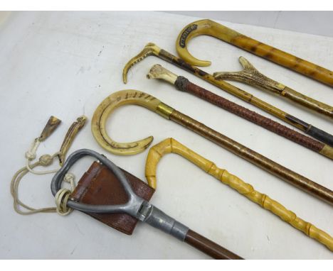Early 20th century antler handled riding crop with cane shaft and silver collar, other riding crops, Shepherds crooks, shooti