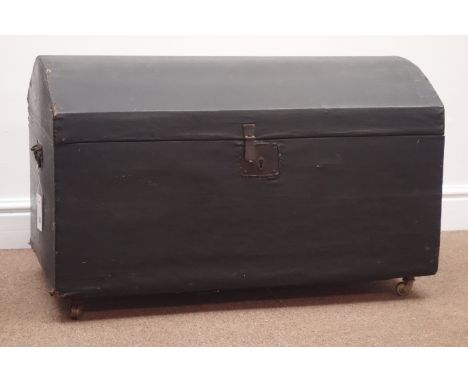 Victorian black covered dome top trunk with blue/white polka dot lined interior, W78cm, H48cm, D48cm