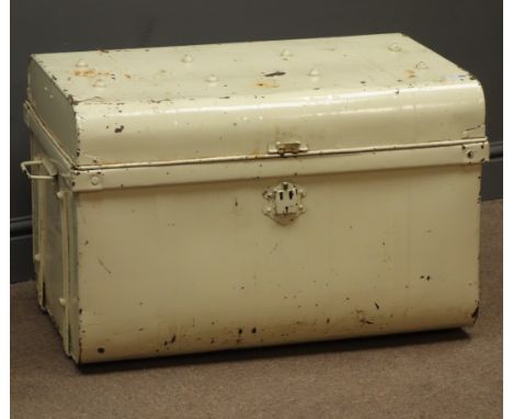 White painted tin trunk, hinged lid, carrying handles, W71cm, H46cm, D49cm