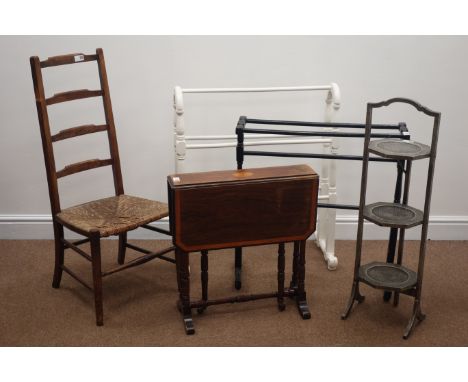 Country high ladder back chair with rush seat, folding three tier cake stand, Edwardian Sutherland table with inlay and two t