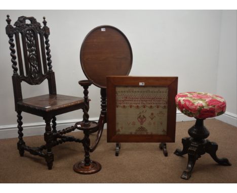 19th century mahogany pedestal table, piano stool and barley twist stand, a Carolean style hall chair and an early 19th centu