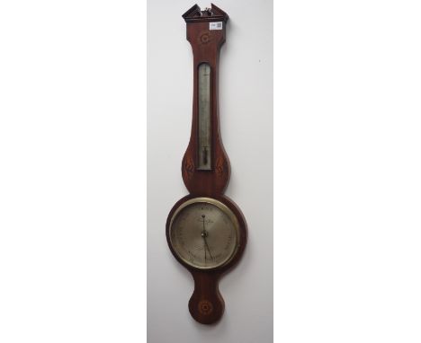 George lll mahogany wheel barometer, inlaid with shells and flower heads, dial inscribed 'Cariolo & Riela, Scarborough', H99c