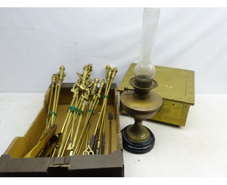 Victorian brass oil lamp on ceramic base, brass slipper box and various brass fire irons  Condition Report Click here for fur