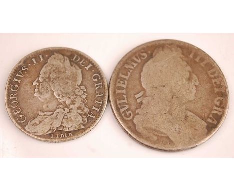 Great Britain, 1746 half crown, George II bust with Lima below, rev; crowned quartered shields, date divided by crown, togeth
