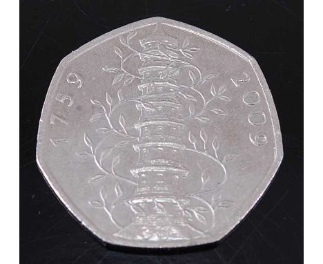 Great Britain, 2009 Kew Gardens 50 pence piece, obv; Elizabeth II 4th crowned portrait, rev; pagoda encircled by vines dividi
