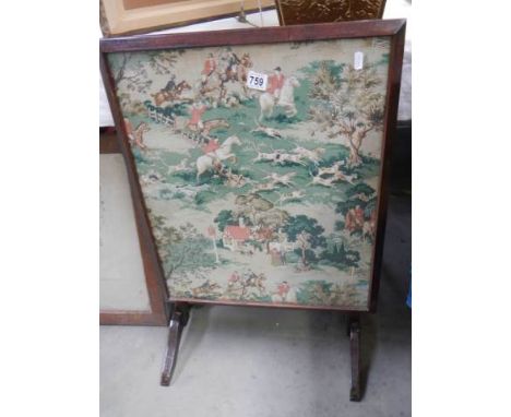 A tip up table/fire screen featuring a hunting scene. COLLECT ONLY.