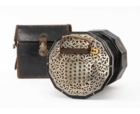 THE MUSIC CLUB HOUSE: LACHENAL & CO. 'THE EDEOPHONE' 62 BUTTON DUET CONCERTINA, metal ends, in leather case with 'Lachenal & 