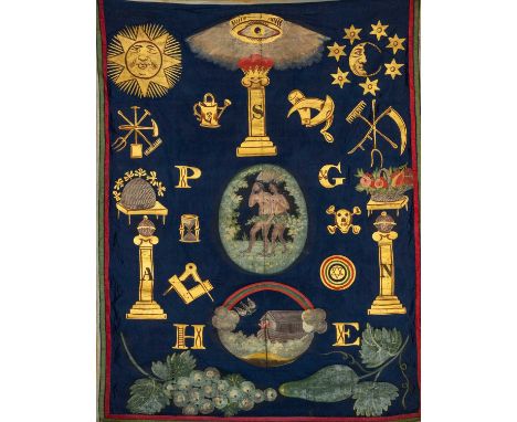 THE GARDENING CLUB HOUSE: antique 'Free Gardeners' painted silk banner, featuring the watering can, pruning knife/sicle, Gard