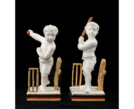THE CRICKET CLUB HOUSE: Rare pair Mintons bone china cricket figurines, the boy bowler and batsman beside stumps and rustic f