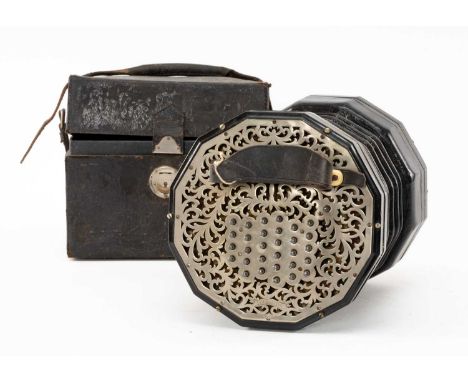 THE MUSIC CLUB HOUSE: LACHENAL & CO. 56 BUTTON CONCERTINA, metal ends, stamped makers mark, in leather case with 'Lachenal & 