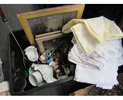 A box containing assorted items including a pair of prints, kitchenalia, Poole Pottery and Minton blue glazed vase