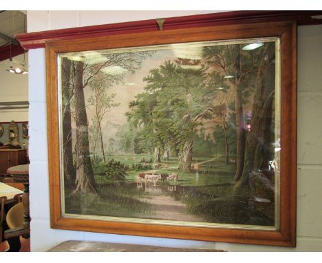 A Victorian print of Highland Cattle beside woodland, maple framed and glazed, 60cm x 75cm